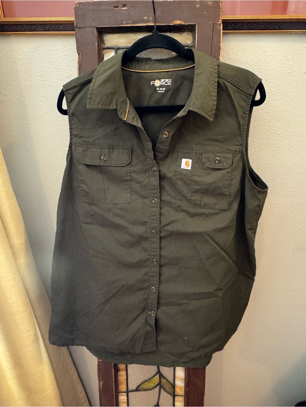 Carhartt Olive Green Sleeveless Button-Down Work Shirt